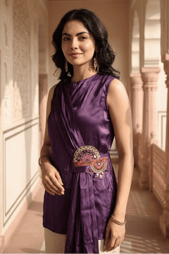 Midnight Bloom Plum Modal Satin One-Shoulder Draped Top with Mandala Motif - Western Era Tops for women