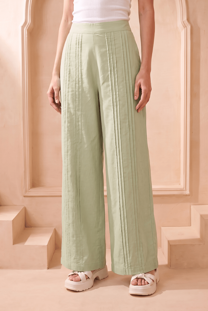 Mint Green Straight Fit Trouser with Front Lace Attached - Western Era Bottoms for women