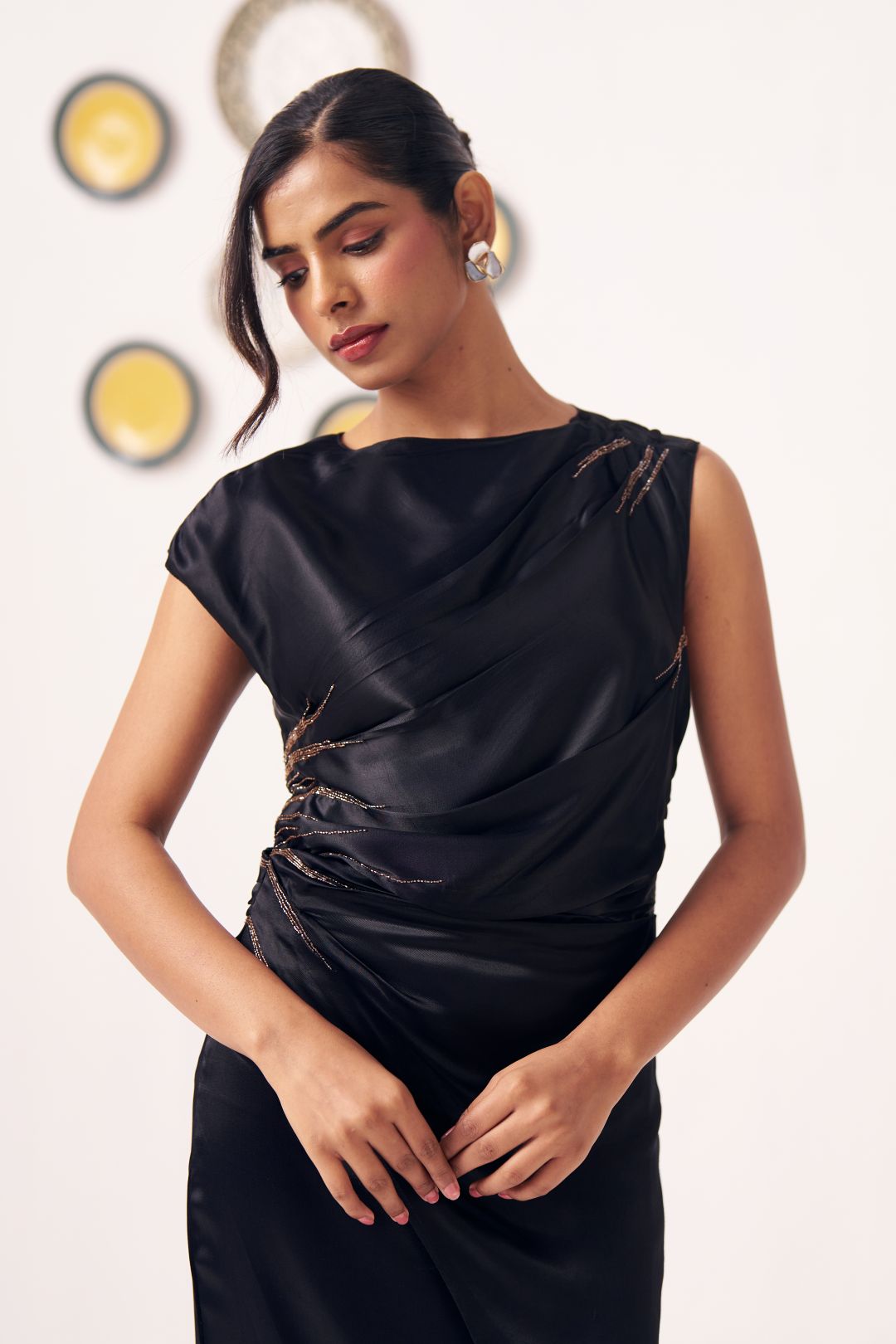 Miraal Black Draped Satin Maxi Dress - Western Era Dresses for women