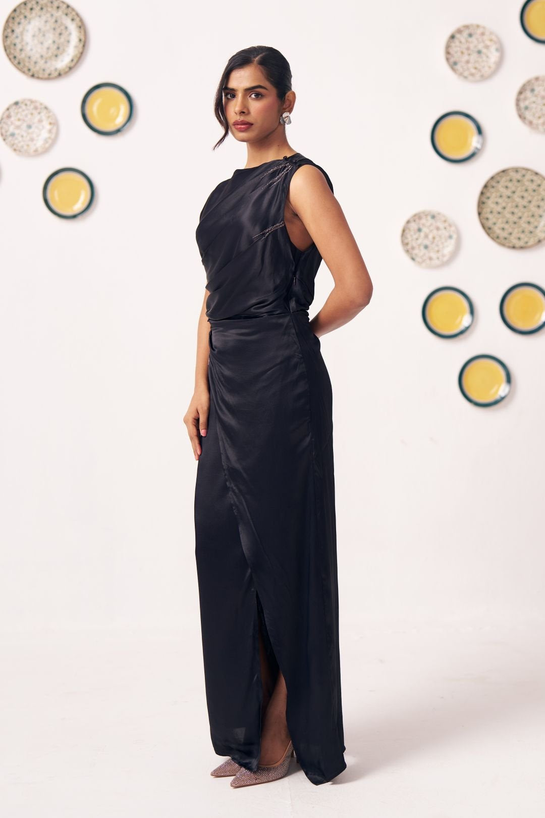 Miraal Black Draped Satin Maxi Dress - Western Era Dresses for women