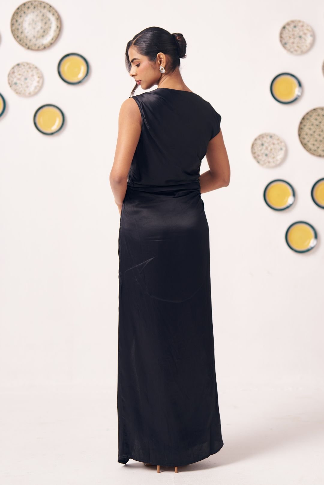 Miraal Black Draped Satin Maxi Dress - Western Era Dresses for women