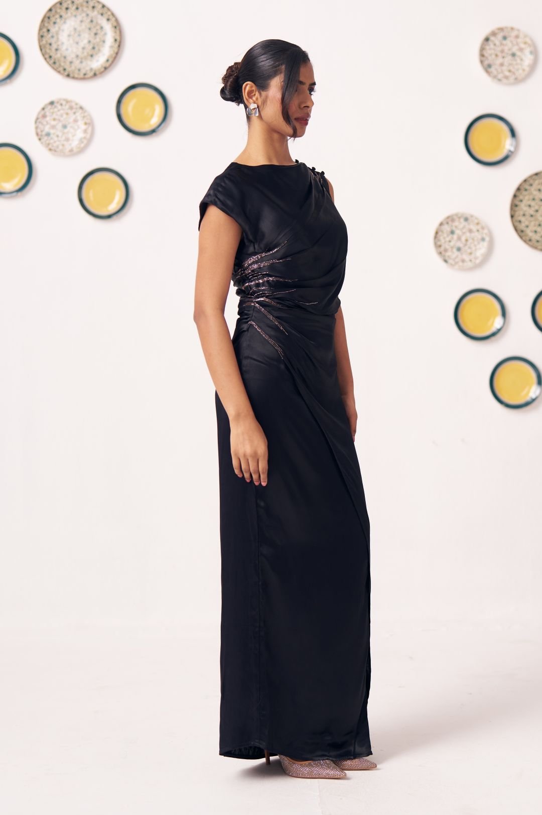 Miraal Black Draped Satin Maxi Dress - Western Era Dresses for women