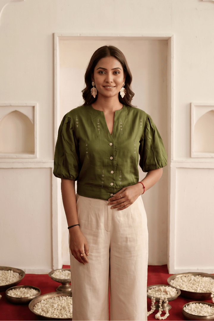 Olive Green Modal Satin Mirror Embroidery Statement Top - Western Era Tops for women