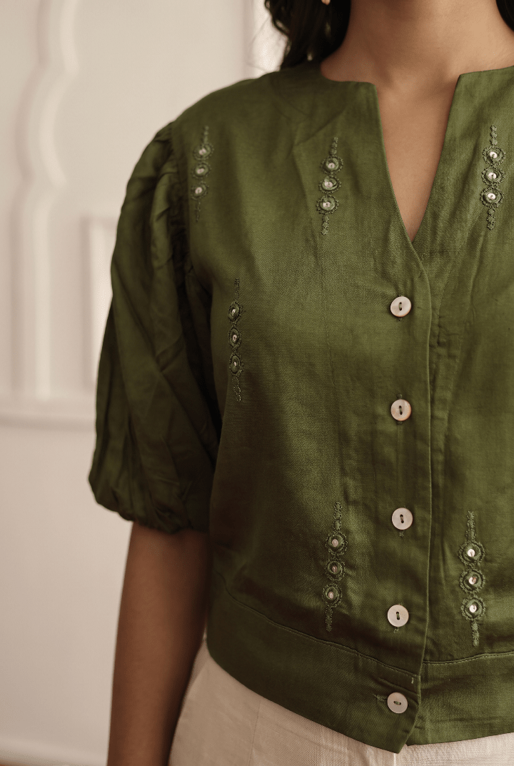 Olive Green Modal Satin Mirror Embroidery Statement Top - Western Era Tops for women