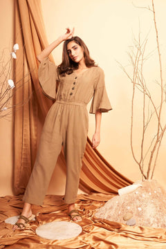 Mud Brown Flare Jumpsuit With Elasticated Waist