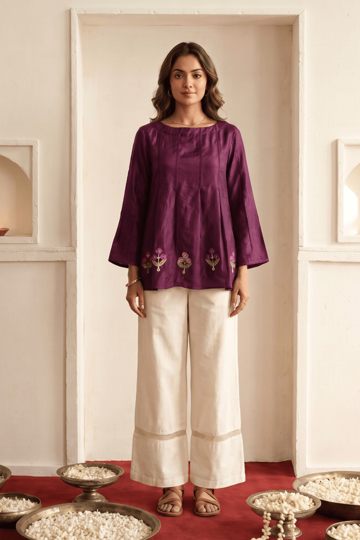 Multi Color Embroidered Top and Off-White Bottom Lace Attached Pant Co-Ord Set - Western Era Co-ord set for women