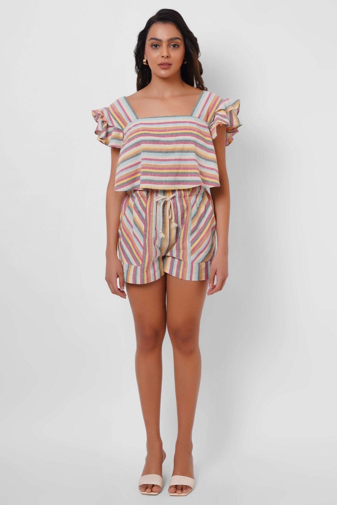 Multi Color Stripe Linen Crop Top - Western Era Tops for women