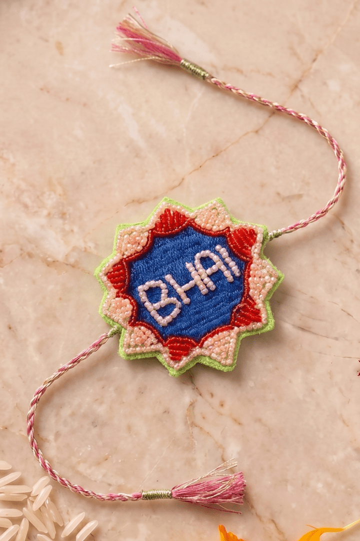 Multicolor Embroidered Details Rakhi with Pink Braided Thread and Tassels - Western Era Rakhi for women