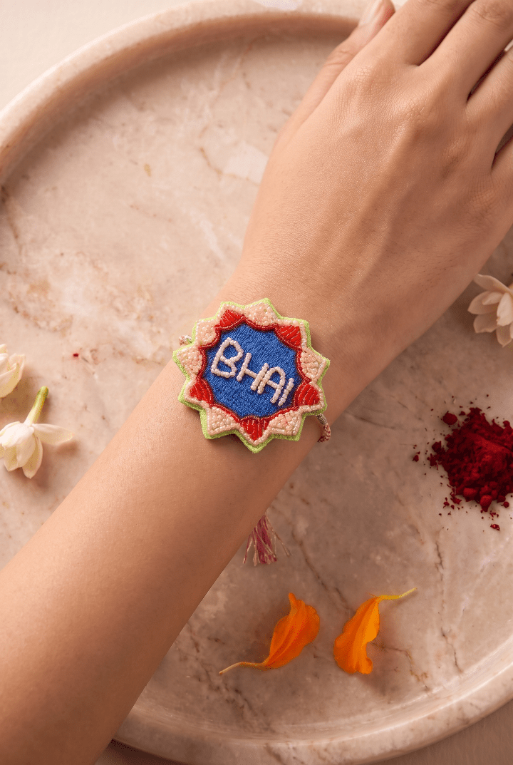 Multicolor Embroidered Details Rakhi with Pink Braided Thread and Tassels - Western Era Rakhi for women