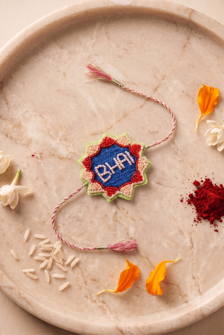 Multicolor Embroidered Details Rakhi with Pink Braided Thread and Tassels - Western Era Rakhi for women