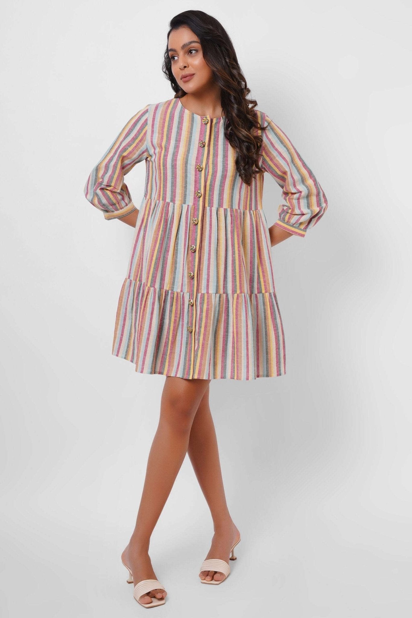 Multicolor Mid Length Dress with Embellished button - Western Era Dresses for women