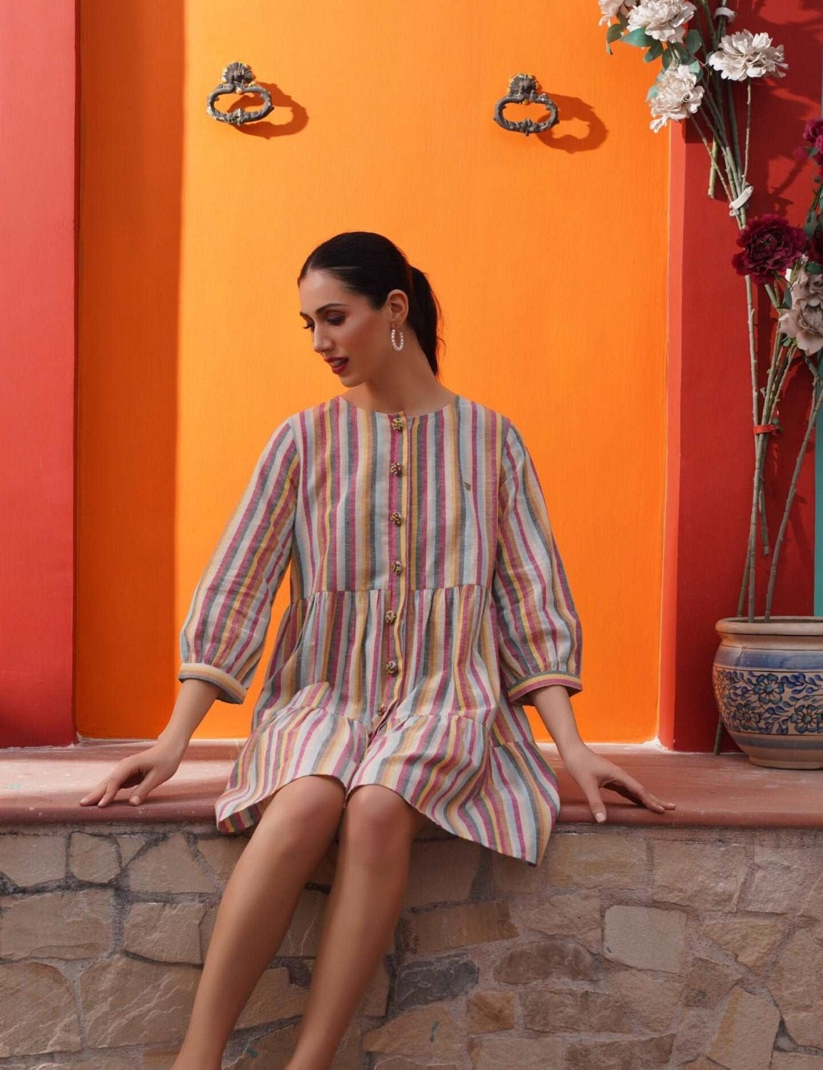 Multicolor Mid Length Dress with Embellished button - Western Era Dresses for women