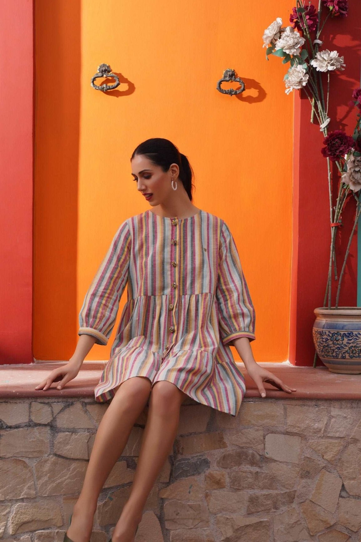 Multicolor Mid Length Dress with Embellished button - Western Era Dresses for women