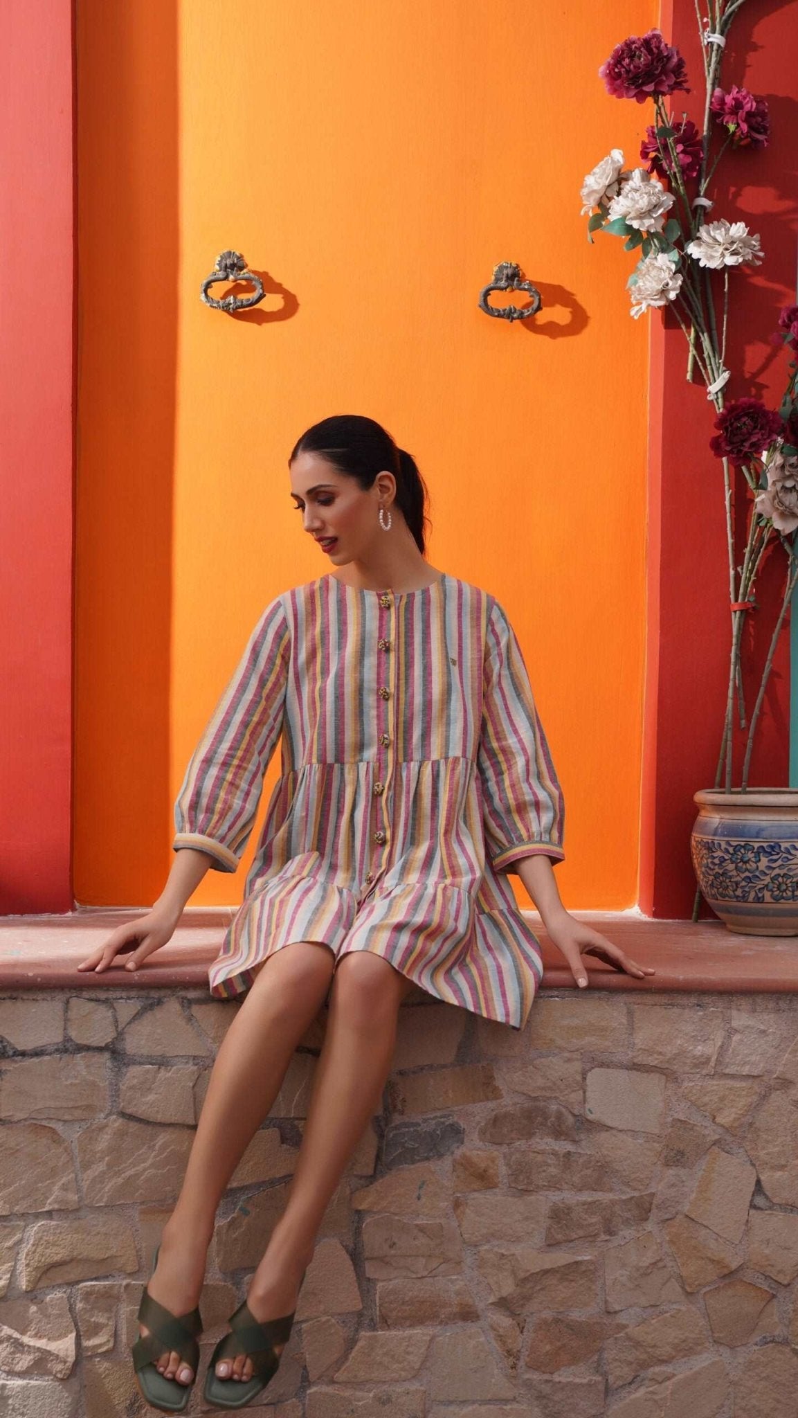 Multicolor Mid Length Dress with Embellished button - Western Era Dresses for women