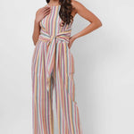 Multicolor Sleeveless Linen Jumpsuit with Front Knot - Western Era Jumpsuits for women