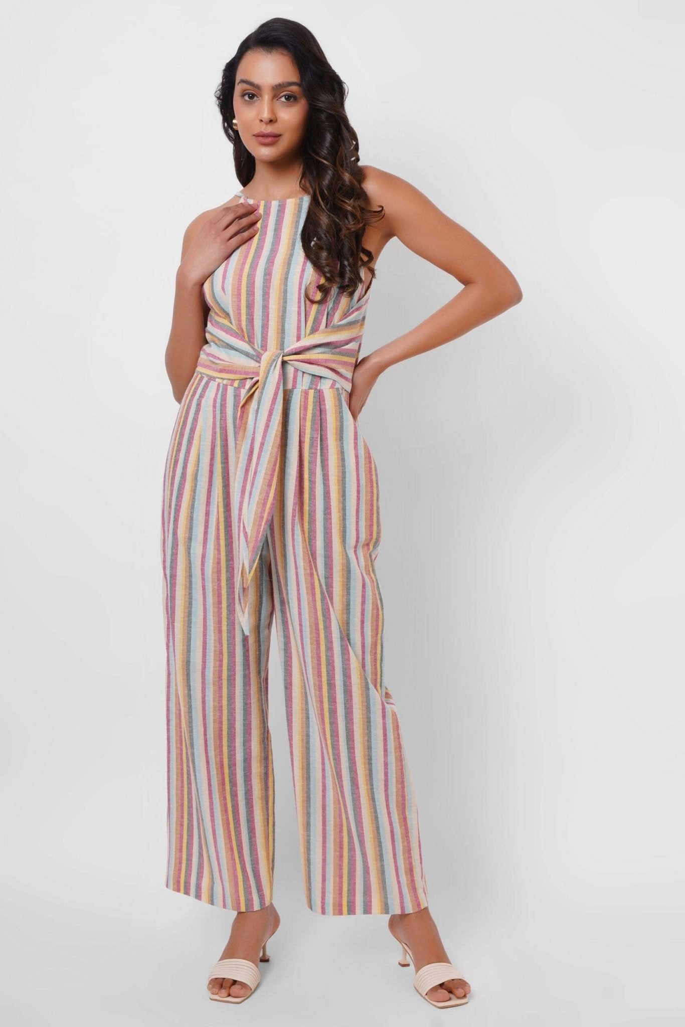Multicolor Sleeveless Linen Jumpsuit with Front Knot - Western Era Jumpsuits for women