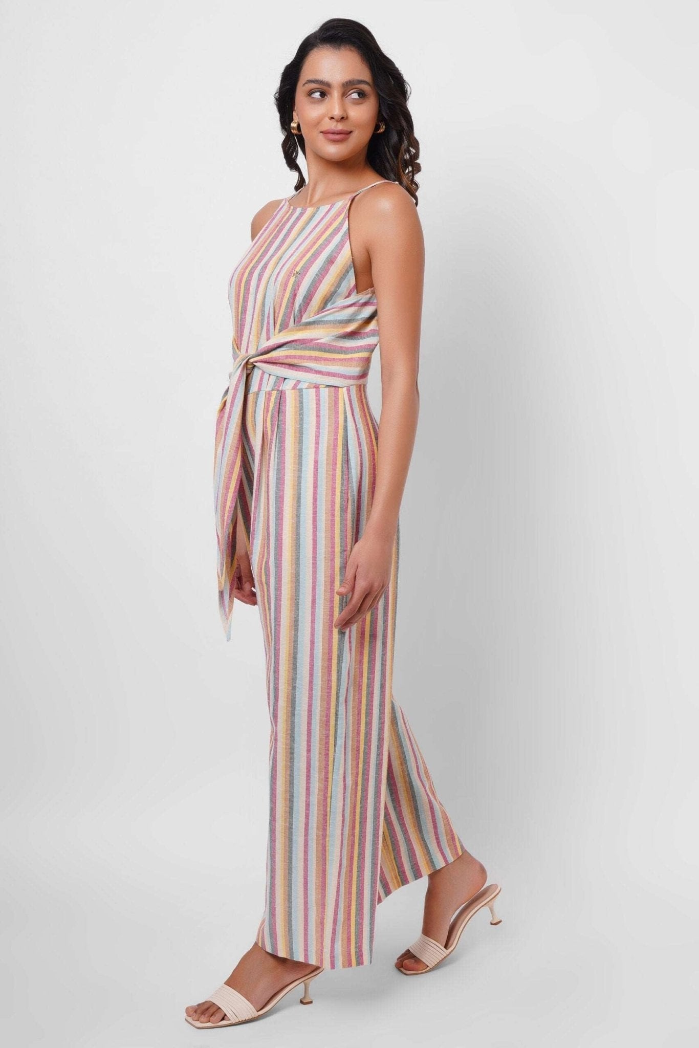 Multicolor Sleeveless Linen Jumpsuit with Front Knot - Western Era Jumpsuits for women