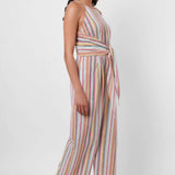 Multicolor Sleeveless Linen Jumpsuit with Front Knot - Western Era Jumpsuits for women