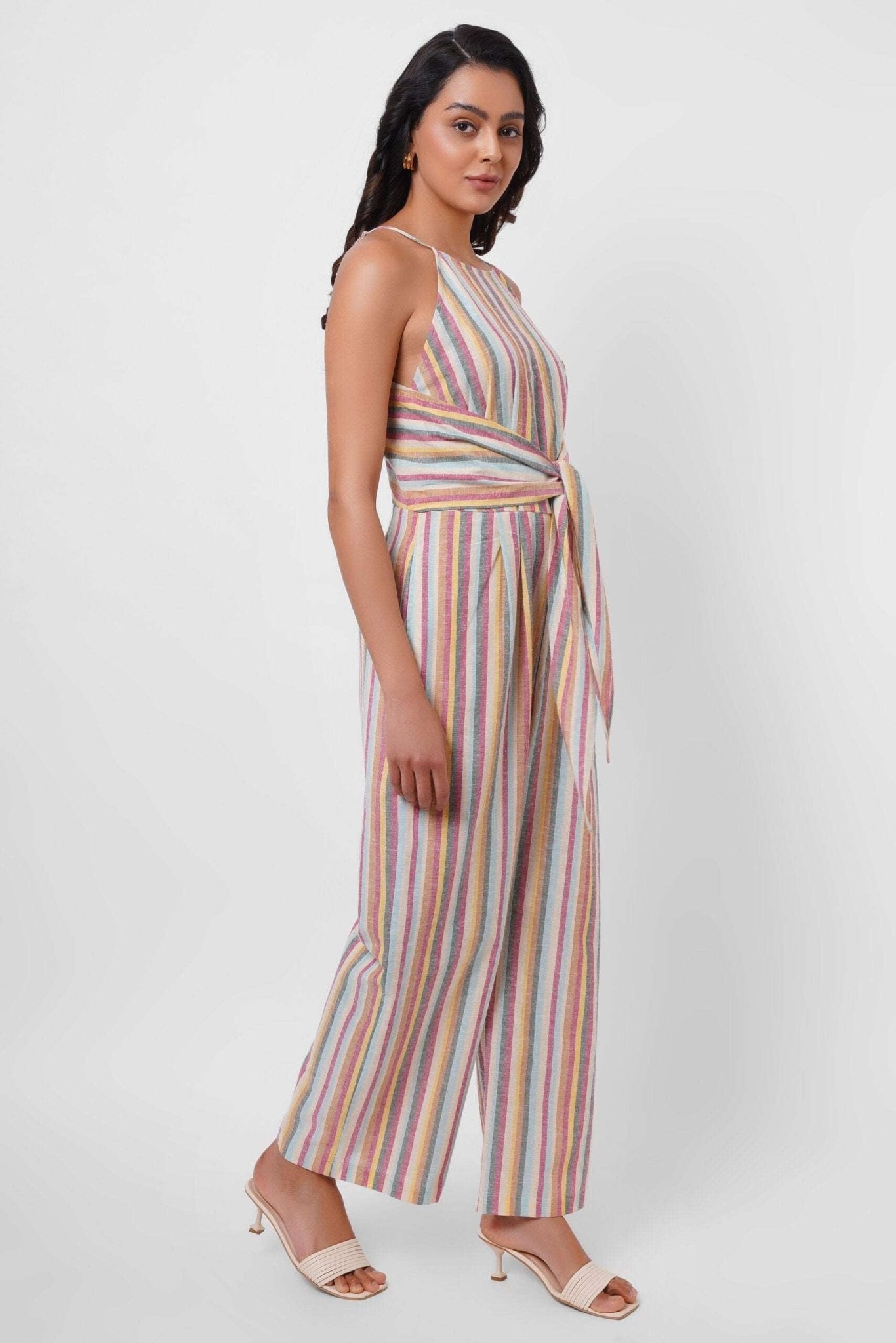 Multicolor Sleeveless Linen Jumpsuit with Front Knot - Western Era Jumpsuits for women