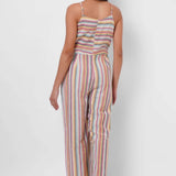 Multicolor Sleeveless Linen Jumpsuit with Front Knot - Western Era Jumpsuits for women