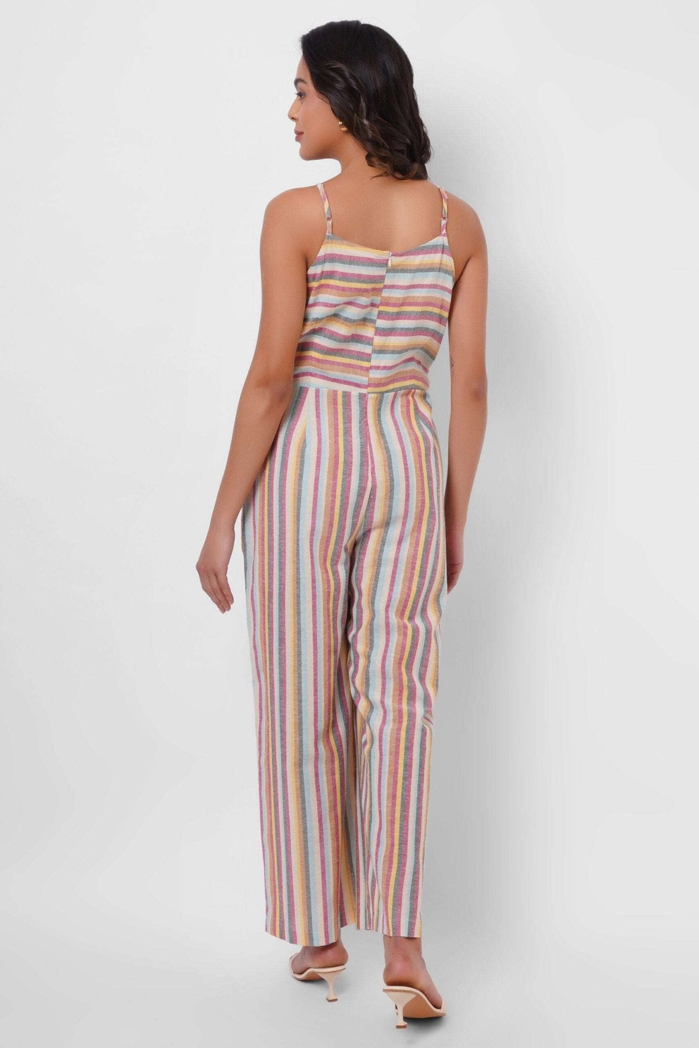 Multicolor Sleeveless Linen Jumpsuit with Front Knot - Western Era Jumpsuits for women