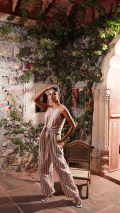 Multicolor Sleeveless Linen Jumpsuit with Front Knot