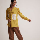 Mustard Cotton Shirt with Pleated Cuff and Zari Embroidered patch on Front and Back - Western Era Embroidery for women