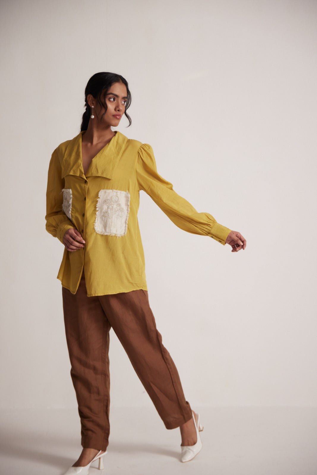 Mustard Cotton Shirt with Pleated Cuff and Zari Embroidered patch on Front and Back - Western Era Embroidery for women