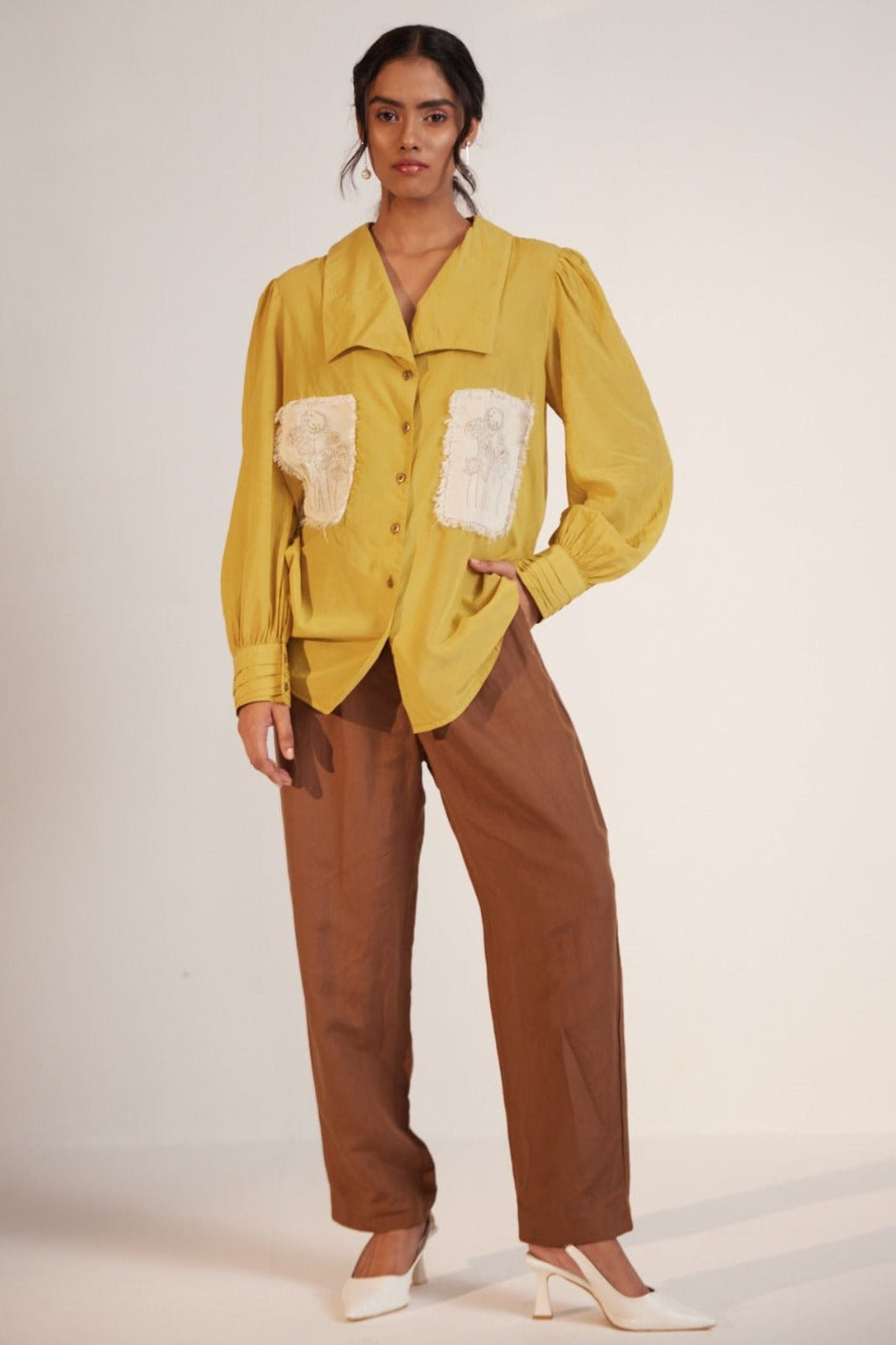 Mustard Cotton Shirt with Pleated Cuff and Zari Embroidered patch on Front and Back - Western Era Embroidery for women