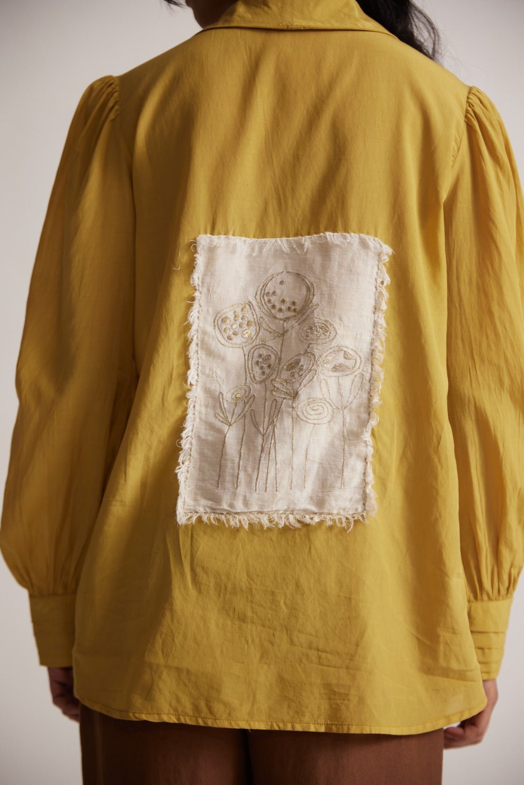 Mustard Cotton Shirt with Pleated Cuff and Zari Embroidered patch on Front and Back - Western Era Embroidery for women