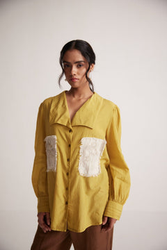 Mustard Cotton Shirt with Pleated Cuff and Zari Embroidered patch on Front and Back