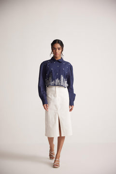 Navy Blue Collar Top With Zari Embroidered Skyline On Front - Western Era Tops for women