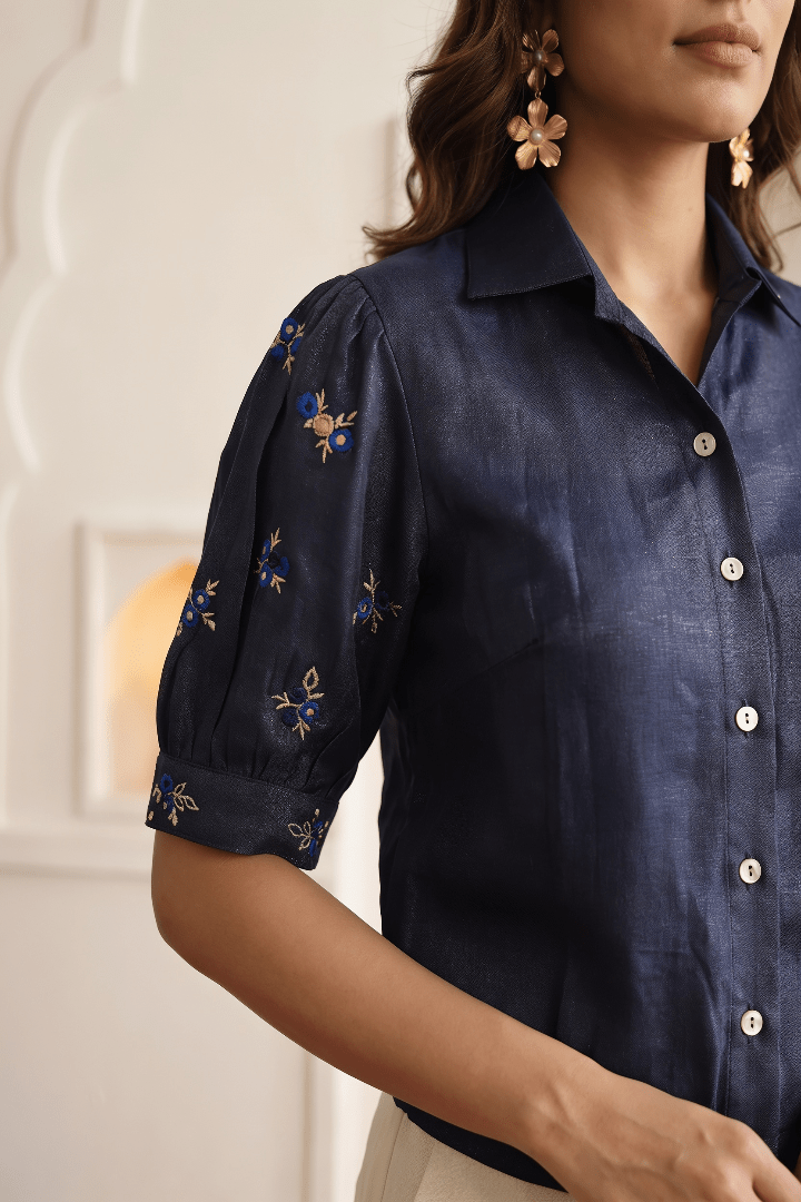 Navy Cotton Lurex Mirror Embroidered Short Jacket and Off-White Wide-Leg Trouser Co-ord Set - Western Era Co-ord set for women