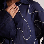 Navy Blue Oversized Cotton Shirt With Front Dori Embroidery - Western Era Embroidery for women