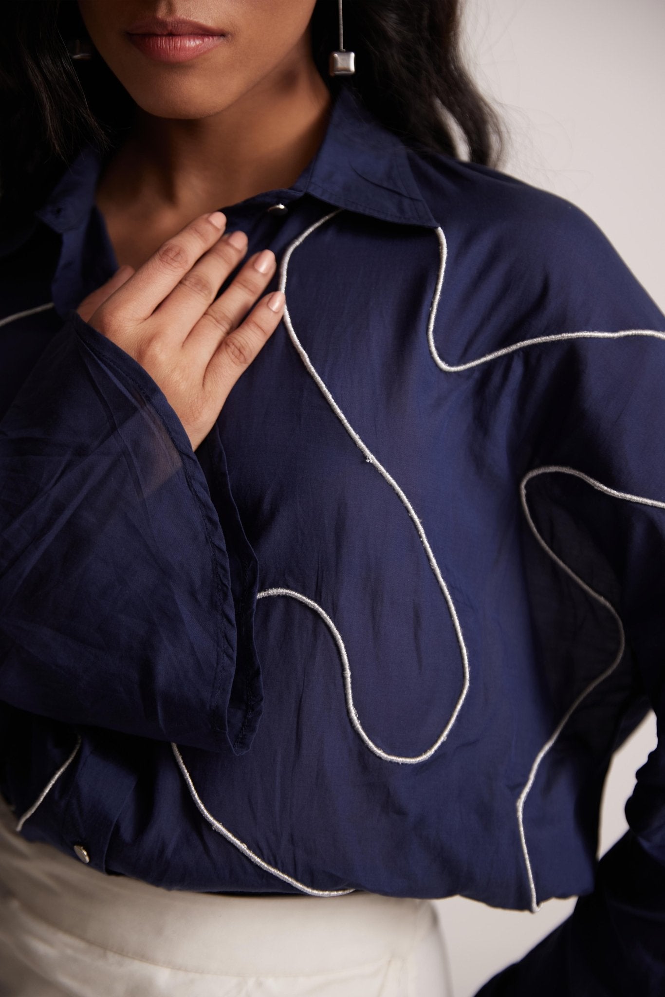 Navy Blue Oversized Cotton Shirt With Front Dori Embroidery - Western Era Embroidery for women