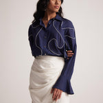 Navy Blue Oversized Cotton Shirt With Front Dori Embroidery - Western Era Embroidery for women