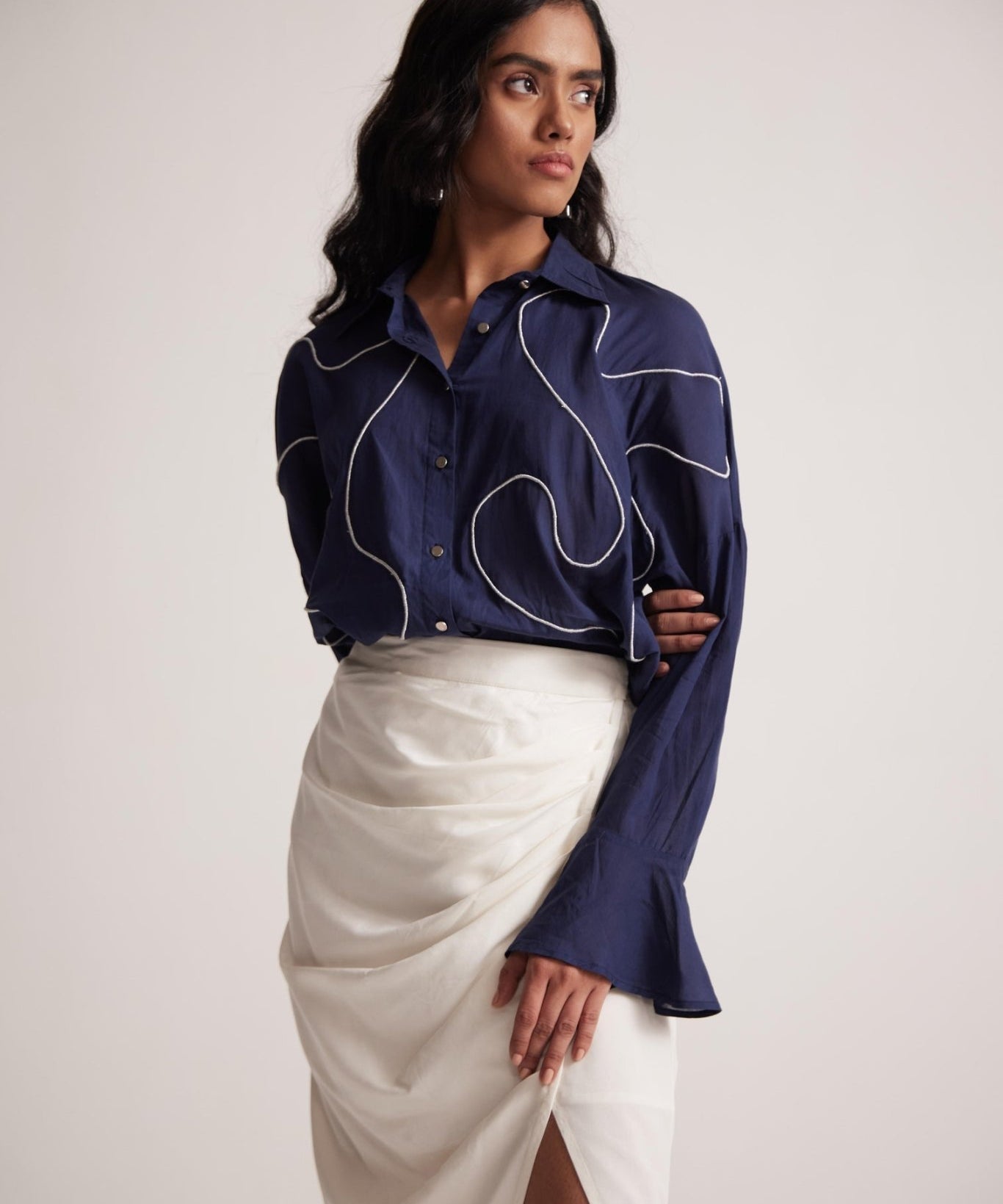 Navy Blue Oversized Cotton Shirt With Front Dori Embroidery - Western Era Embroidery for women