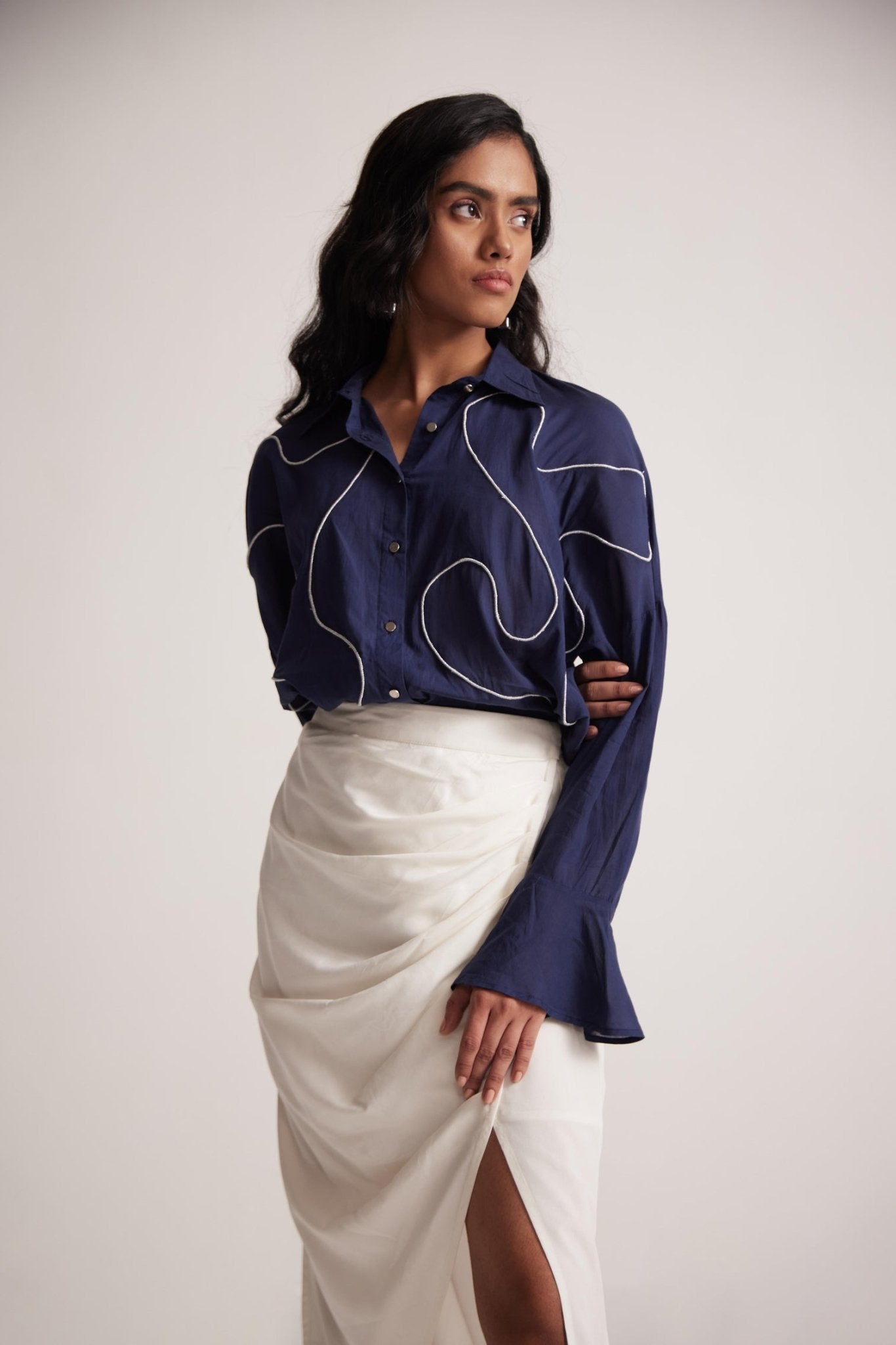 Navy Blue Oversized Cotton Shirt With Front Dori Embroidery - Western Era Embroidery for women