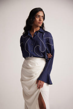 Navy Blue Oversized Cotton Shirt With Front Dori Embroidery