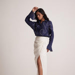 Navy Blue Oversized Cotton Shirt With Front Dori Embroidery - Western Era Embroidery for women
