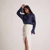 Navy Blue Oversized Cotton Shirt With Front Dori Embroidery - Western Era Embroidery for women
