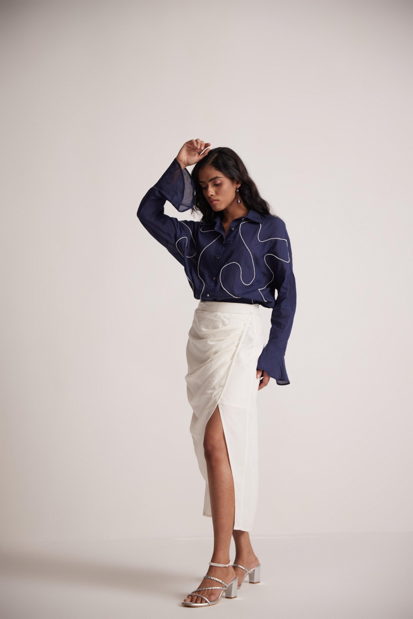 Navy Blue Oversized Cotton Shirt With Front Dori Embroidery - Western Era Embroidery for women