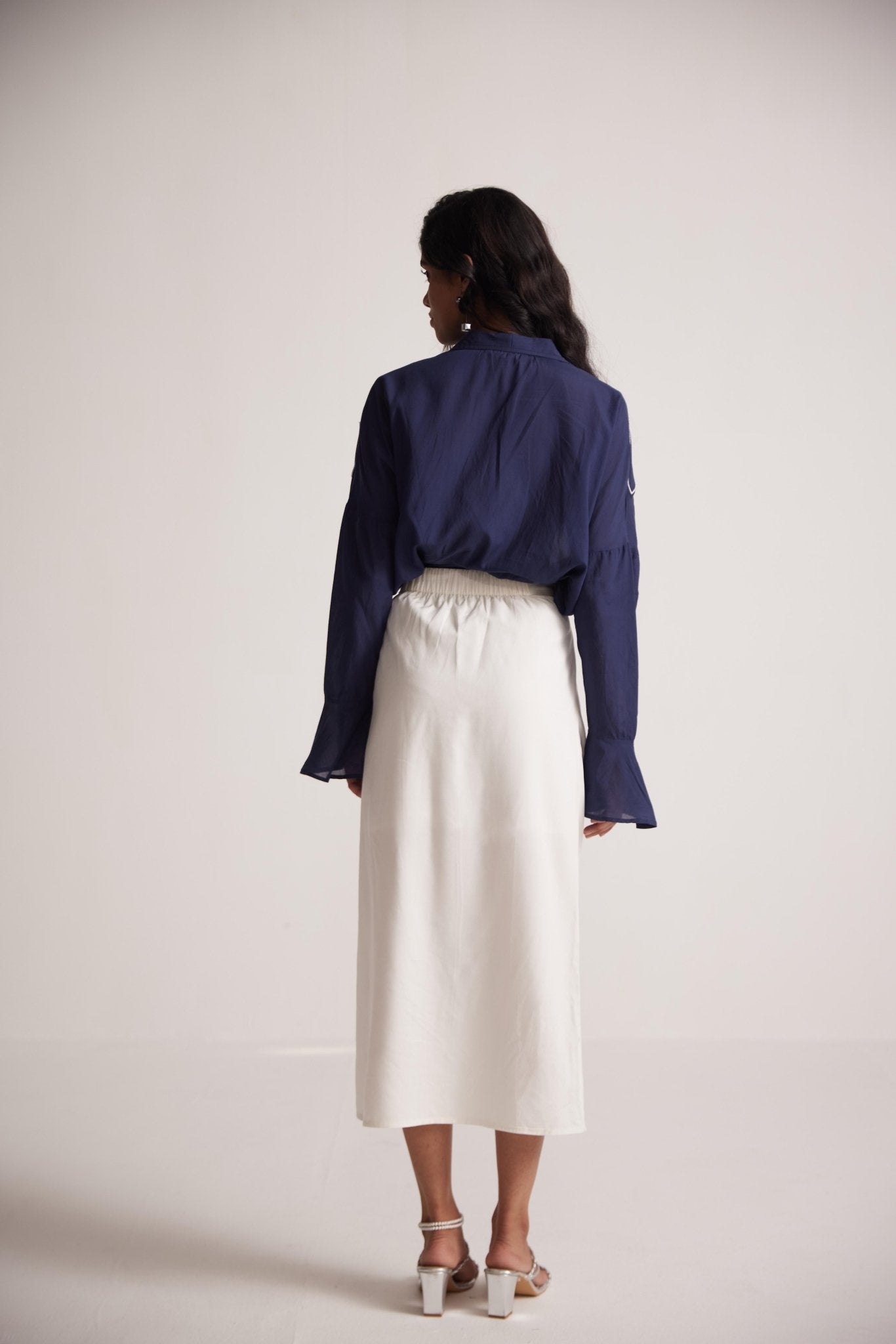 Navy Blue Oversized Cotton Shirt With Front Dori Embroidery - Western Era Embroidery for women