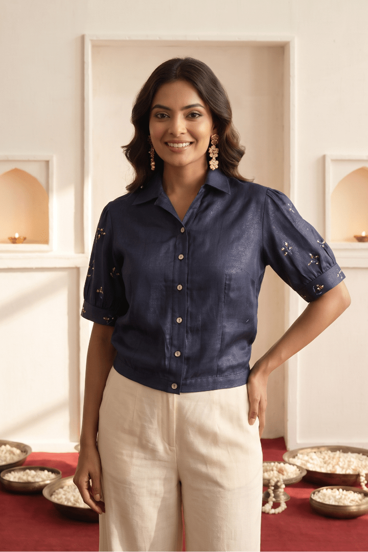 Navy Cotton Lurex Collared Jacket-Style Top with Sleeve Embroidery - Western Era Tops for women