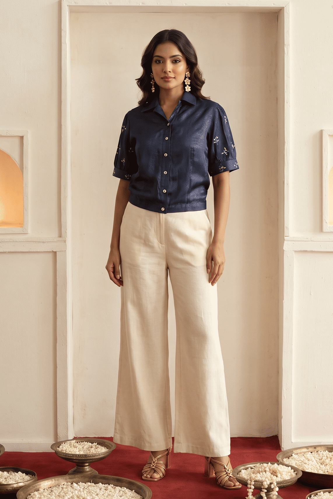 Navy Mirror Embroidered Short Jacket and Trouser Co-Ord Set - Western Era Co-ord set for women
