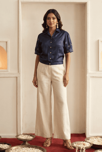 Navy Mirror Embroidered Short Jacket and Trouser Co-Ord Set - Western Era Co-ord set for women