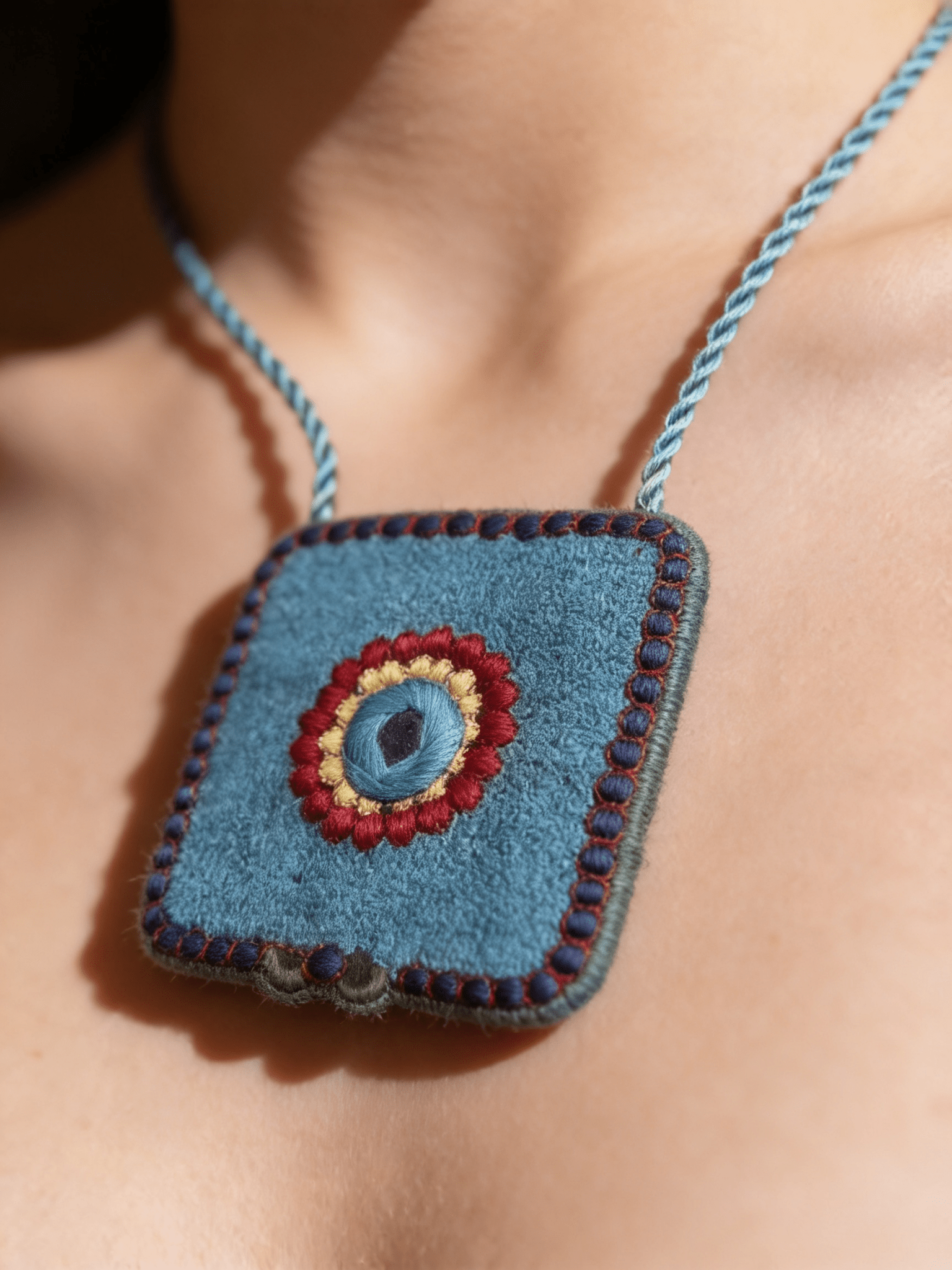 Necklace Featuring A Textured Turquoise Pendant Detailed With Vibrant Thread Embroidery - Western Era Accessories for women