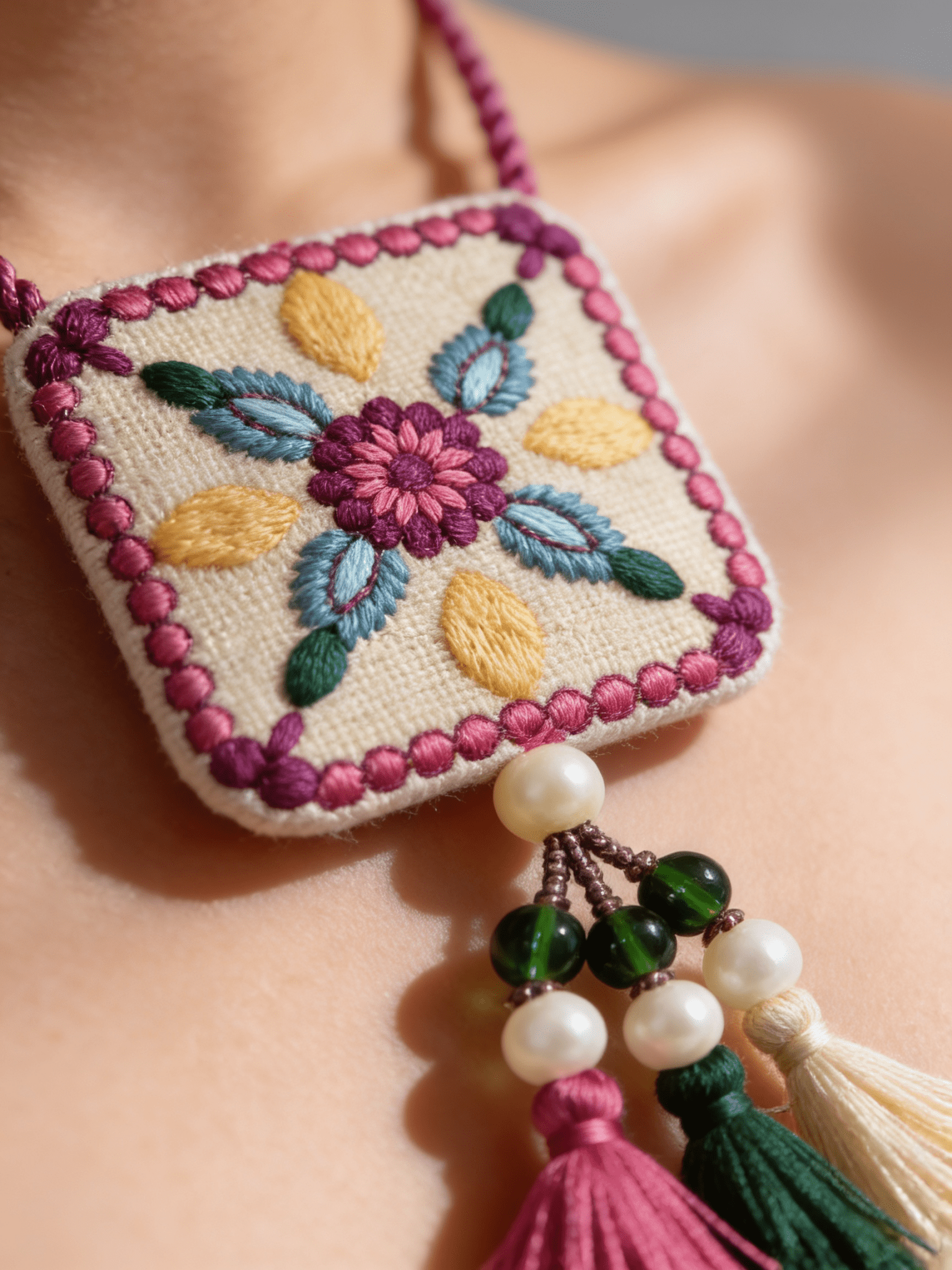 Necklace Featuring Intricate Floral Thread Embroidery In Rich Pink, Teal & Gold Tones With Tassels - Western Era Accessories for women