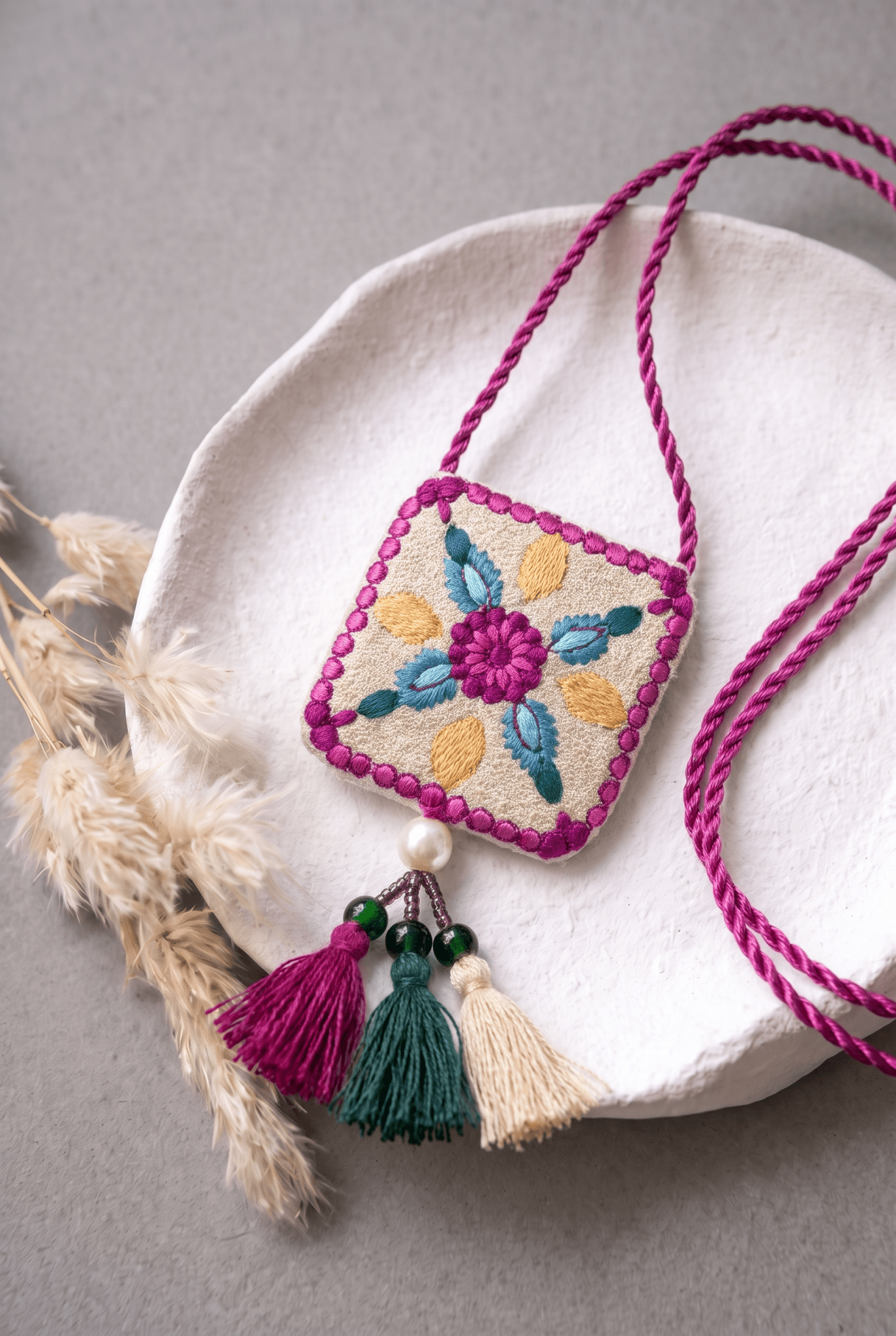 Necklace Featuring Intricate Floral Thread Embroidery In Rich Pink, Teal & Gold Tones With Tassels - Western Era Accessories for women