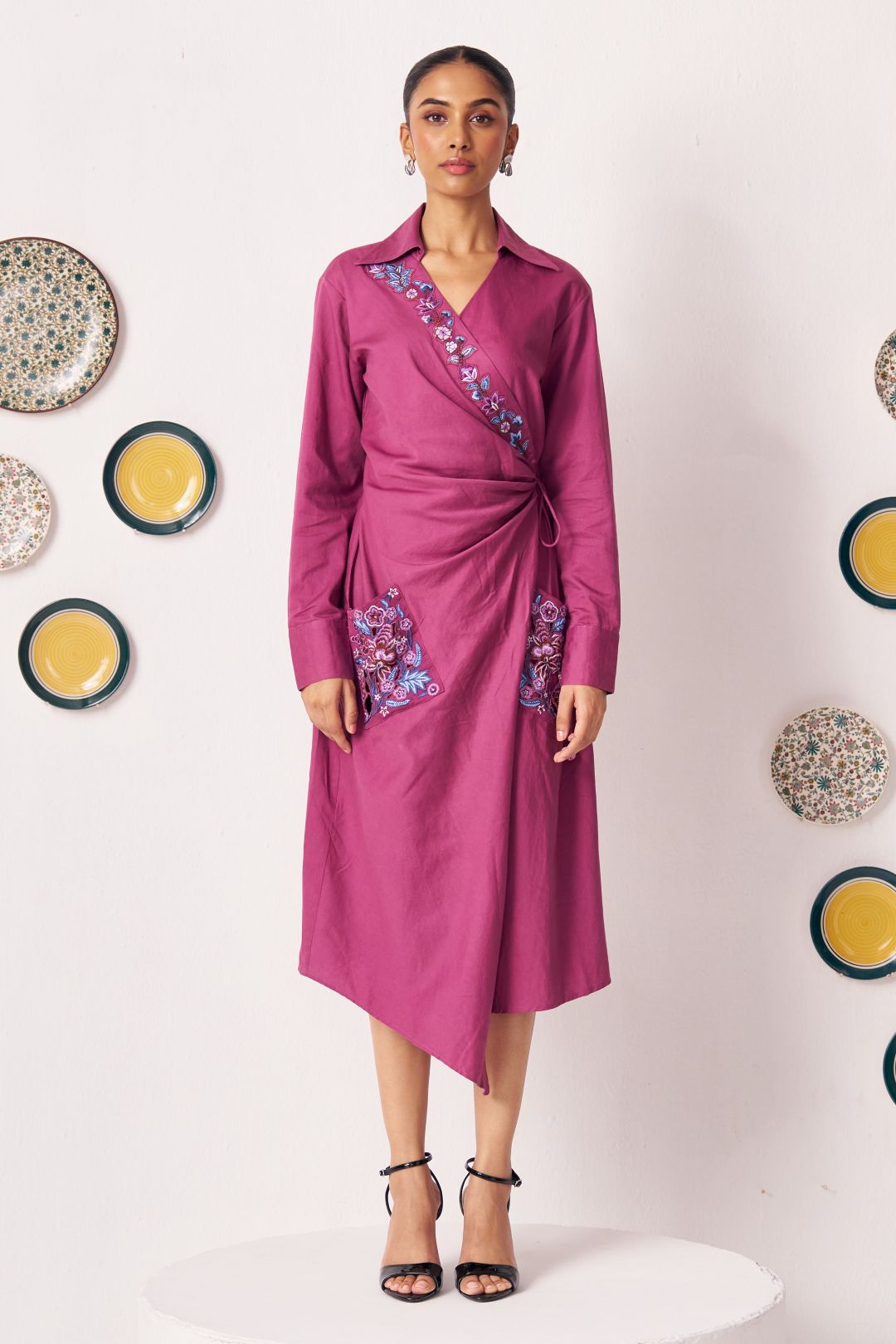 Neyona Embroidered Wrap Dress with Patch Pockets - Western Era Dresses for women